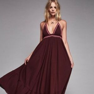 Free People Xs Maroon Pink Boho Maxi Sexy Halter V Neck Sleeveless Long Dress